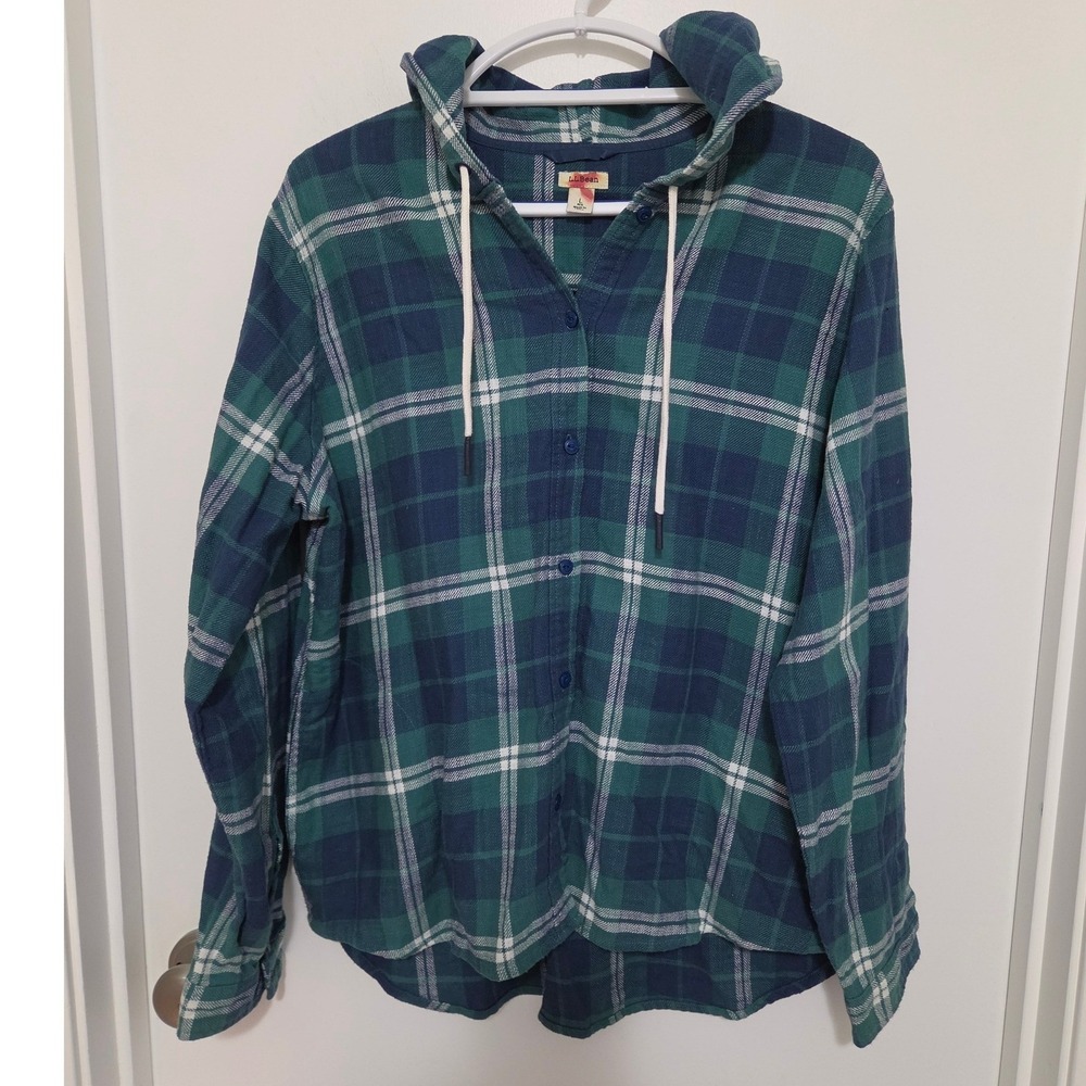 LL Bean Womens Large Green Blue Plaid Hooded Flannel Shirt Cotton 503818 Fall